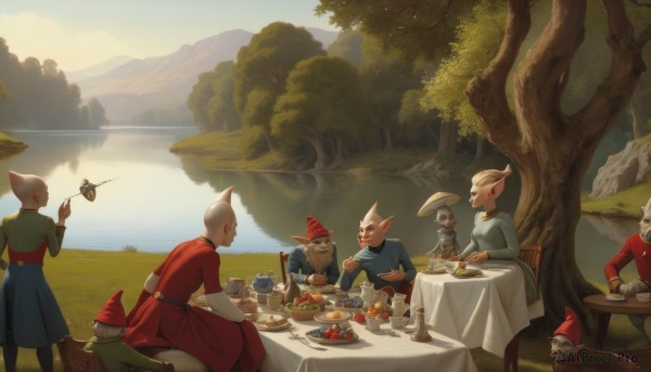 1girl,hat,sitting,outdoors,food,multiple boys,horns,day,pointy ears,water,tree,cup,fruit,colored skin,chair,eating,table,grass,bug,nature,scenery,red headwear,furry,plate,forest,6+boys,teacup,cake,mountain,fork,5boys,teapot,mushroom,lake,wizard hat,tablecloth,smile,multiple girls,holding,sky,cloud,cat,knife,drinking glass,fish,robe,bald,bread,river,fishing rod,sandwich,fine art parody