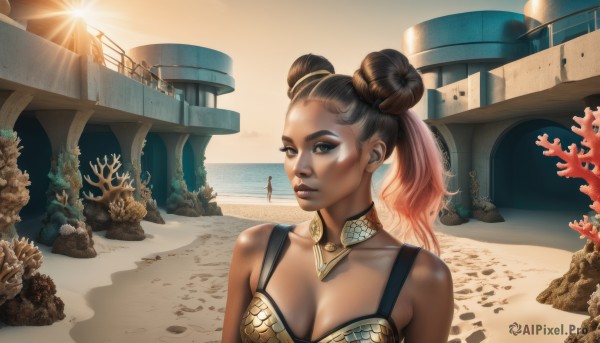 1girl,solo,breasts,brown hair,cleavage,brown eyes,jewelry,medium breasts,upper body,pink hair,red hair,multicolored hair,outdoors,solo focus,dark skin,water,necklace,hair bun,armor,two-tone hair,dark-skinned female,lips,double bun,makeup,ocean,beach,sunset,rock,realistic,sand,sun,very dark skin,desert,long hair,black hair,twintails,collarbone,swimsuit,bikini,sunlight,eyeshadow,nose,eyeliner,watercraft,coral