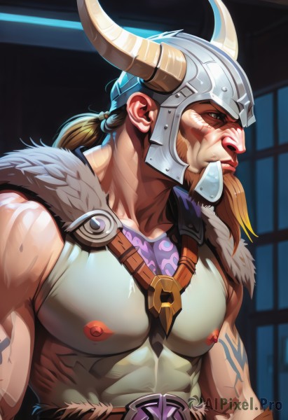 solo,long hair,blonde hair,brown hair,shirt,1boy,bare shoulders,brown eyes,closed mouth,nipples,upper body,ponytail,male focus,horns,belt,fur trim,tattoo,profile,muscular,facial hair,scar,abs,helmet,pectorals,muscular male,bara,beard,mustache,fake horns,manly,horned headwear,horned helmet,sidepec,looking at viewer,armor,veins