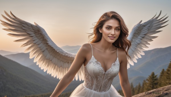 1girl,solo,long hair,breasts,looking at viewer,smile,brown hair,dress,cleavage,bare shoulders,brown eyes,medium breasts,collarbone,upper body,outdoors,wings,sky,white dress,blurry,tree,lips,feathered wings,angel wings,mountain,realistic,white wings,angel,nature