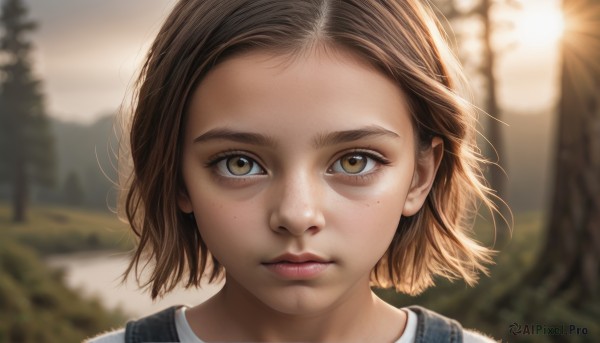 1girl,solo,looking at viewer,short hair,brown hair,shirt,brown eyes,closed mouth,white shirt,outdoors,parted lips,artist name,blurry,tree,lips,eyelashes,depth of field,blurry background,portrait,forehead,freckles,realistic,mole,mole under eye,wind,close-up,backlighting,nose,overalls