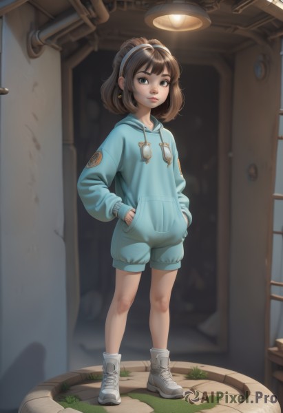 1girl,solo,looking at viewer,short hair,bangs,brown hair,long sleeves,brown eyes,jewelry,closed mouth,standing,full body,hairband,earrings,boots,shoes,glasses,shorts,indoors,hood,medium hair,lips,hoodie,white footwear,hood down,sneakers,hands in pockets,drawstring,ankle boots,blue hairband,eyewear removed,grey footwear,blue hoodie,socks,nose,door