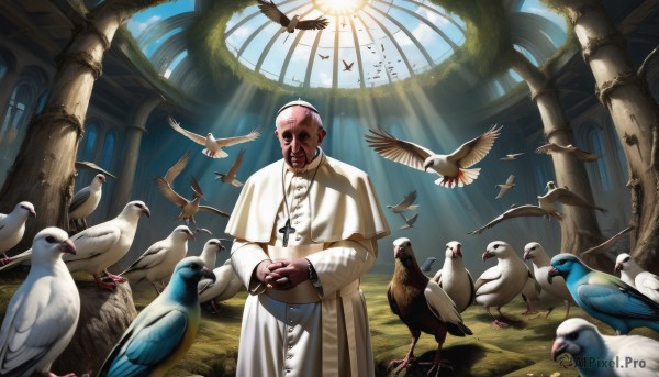 solo,red eyes,gloves,long sleeves,1boy,jewelry,standing,male focus,outdoors,day,indoors,necklace,bird,animal,sunlight,own hands together,grass,cross,plant,robe,light rays,bald,sunbeam,ruins,pillar,praying,church,arch,dove,column,priest,flock,pigeon,parrot,open mouth,wings,sky,teeth,tree,facial hair,ring,scenery,beard,flying,fantasy,cross necklace,crow,too many