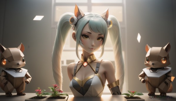 1girl,solo,long hair,breasts,looking at viewer,smile,bangs,hair ornament,cleavage,bare shoulders,twintails,brown eyes,medium breasts,closed mouth,blue hair,yellow eyes,upper body,flower,detached sleeves,indoors,lips,window,aqua hair,drill hair,plant,robot,twin drills,backlighting,hands on hips,small breasts,sleeveless,armor,orange eyes,swept bangs,animal,nose