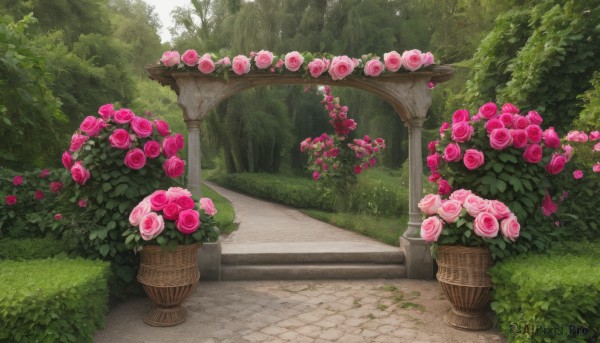 flower,outdoors,day,tree,no humans,rose,grass,plant,nature,scenery,pink flower,forest,road,bush,pink rose,pillar,path,arch,garden,pavement,leaf,red flower,red rose,green theme,foliage