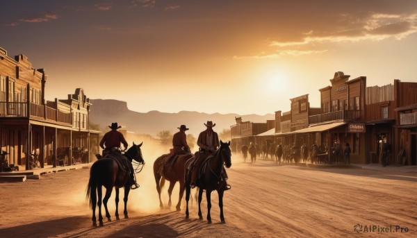 hat,outdoors,multiple boys,sky,cloud,tree,animal,building,scenery,sunset,city,sun,road,riding,lamppost,horse,street,horseback riding,1boy,holding,weapon,male focus,boots,sword,from behind,sunlight,cloudy sky,6+boys,multiple others,sepia,topknot,twilight,evening,crowd,orange sky,dusk,desert,people,yellow sky