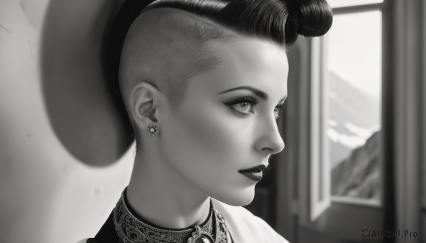 1girl,solo,short hair,1boy,hat,jewelry,monochrome,greyscale,male focus,earrings,indoors,blurry,lips,window,makeup,lipstick,portrait,realistic,looking afar,very short hair,undercut,pompadour,choker,eyelashes,profile,looking away