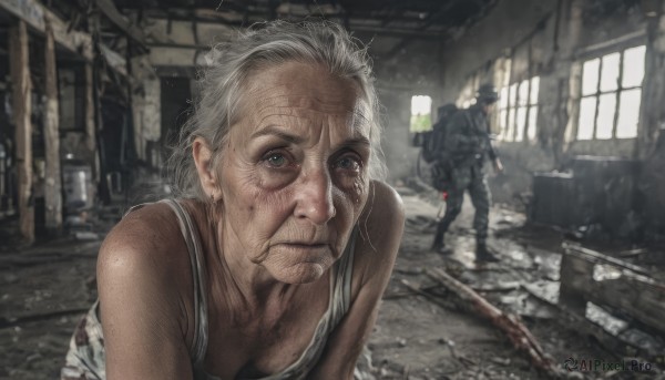 1girl,breasts,looking at viewer,short hair,blue eyes,1boy,cleavage,closed mouth,weapon,white hair,grey hair,multiple boys,solo focus,indoors,blurry,lips,gun,window,tank top,holding gun,realistic,ruins,old,dirty,old man,dirty face,old woman,green eyes,male focus,mole,ground vehicle,soldier,wrinkled skin