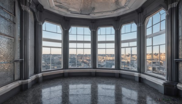 sky,day,cloud,indoors,water,no humans,window,sunlight,building,scenery,reflection,city,cityscape,architecture,skyscraper,reflective floor,blue sky