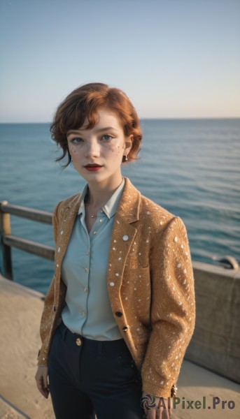 1girl,solo,looking at viewer,smile,short hair,blue eyes,brown hair,shirt,long sleeves,jewelry,standing,jacket,cowboy shot,earrings,outdoors,open clothes,sky,day,collared shirt,pants,water,mole,blurry,lips,buttons,blurry background,ocean,beach,black pants,blue shirt,denim,lipstick,freckles,brown jacket,jeans,realistic,red lips,watercraft,breasts,open mouth,bangs,white shirt,parted lips,open jacket,dress shirt,makeup,depth of field,arms at sides,horizon,shirt tucked in,stud earrings