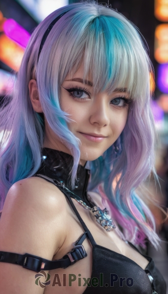 1girl,solo,long hair,breasts,looking at viewer,smile,bangs,cleavage,bare shoulders,jewelry,medium breasts,closed mouth,blue hair,upper body,multicolored hair,hairband,earrings,necklace,mole,blurry,two-tone hair,lips,grey eyes,eyelashes,gradient hair,blurry background,black hairband,freckles,realistic,nose,arm strap,blue eyes,swimsuit,white hair,bikini,artist name,signature,from side,streaked hair,makeup,watermark