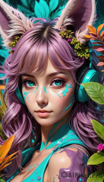 1girl,solo,long hair,breasts,looking at viewer,smile,bangs,blue eyes,hair ornament,animal ears,cleavage,bare shoulders,medium breasts,closed mouth,green eyes,upper body,pink hair,purple hair,flower,shiny,artist name,signature,hair flower,aqua eyes,lips,animal ear fluff,fox ears,eyelashes,makeup,swept bangs,headphones,leaf,watermark,facial mark,plant,portrait,eyeshadow,freckles,pink lips,nose,eyeliner,whisker markings,facepaint,mascara,paint splatter,rabbit ears,dirty