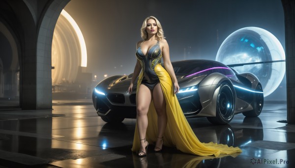 HQ,1girl,solo,long hair,breasts,looking at viewer,blue eyes,blonde hair,large breasts,dress,cleavage,bare shoulders,jewelry,standing,purple eyes,full body,braid,thighs,black dress,high heels,lips,legs,makeup,sandals,lipstick,ground vehicle,motor vehicle,reflection,realistic,car,yellow dress,platform footwear,vehicle focus,reflective floor,sports car,platform heels,underwear,science fiction,city,anklet,dirty