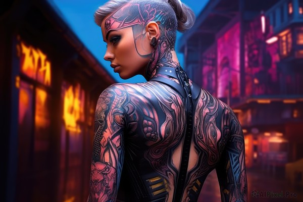 1girl,solo,short hair,jewelry,closed mouth,upper body,grey hair,earrings,outdoors,looking back,hair bun,from behind,blurry,lips,tattoo,profile,makeup,night,blurry background,back,piercing,building,backless outfit,nose,back tattoo,white hair,dark skin,dark-skinned female,city,realistic,updo,full-body tattoo