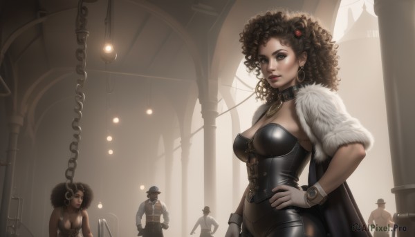 1girl,long hair,breasts,multiple girls,large breasts,brown hair,black hair,gloves,hat,2girls,cleavage,brown eyes,jewelry,medium breasts,earrings,multiple boys,solo focus,choker,white gloves,dark skin,2boys,cape,mole,collar,dark-skinned female,lips,hand on hip,fur trim,makeup,lipstick,corset,curly hair,hands on hips,hoop earrings,realistic,leather,big hair,pillar,bustier,very dark skin,afro,looking at viewer,hair ornament,necklace,bracelet,fur coat