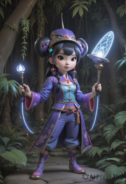 1girl,solo,long hair,breasts,looking at viewer,black hair,hair ornament,long sleeves,hat,ribbon,holding,brown eyes,standing,full body,hair ribbon,small breasts,boots,outdoors,parted lips,pants,wide sleeves,hair bun,tree,lips,double bun,glowing,chinese clothes,plant,nature,forest,hair rings,blue pants,jewelry,earrings,leaf,staff