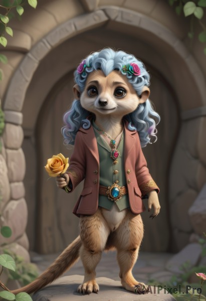 solo,long hair,looking at viewer,smile,shirt,hair ornament,1boy,holding,brown eyes,jewelry,blue hair,standing,jacket,tail,full body,flower,male focus,open clothes,belt,hair flower,necklace,blurry,no humans,blurry background,rose,leaf,plant,child,red jacket,furry,pendant,curly hair,yellow flower,holding flower,furry male,male child,vines,yellow rose,1girl,animal ears,artist name,vest,watermark,wavy hair,brown jacket,rock,furry female,pink jacket,brown fur