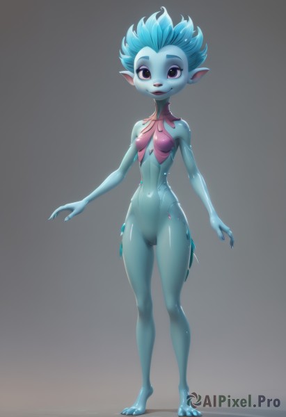 1girl,solo,breasts,looking at viewer,smile,short hair,open mouth,blue eyes,simple background,navel,blue hair,standing,full body,nude,small breasts,barefoot,pussy,pointy ears,grey background,toes,colored skin,monster girl,furry,colored sclera,toenails,blue skin,furry female,alien,fish girl,purple eyes,teeth,nail polish,black eyes,lips,spiked hair,toenail polish