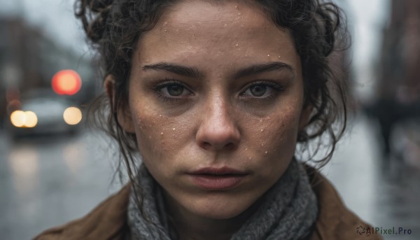 1girl,solo,looking at viewer,short hair,brown hair,black hair,brown eyes,closed mouth,solo focus,dark skin,scarf,blurry,dark-skinned female,lips,depth of field,blurry background,portrait,close-up,freckles,realistic,nose,outdoors,ground vehicle,messy hair,motor vehicle,forehead,car,bokeh