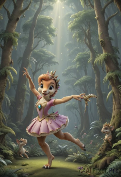 1girl,solo,smile,short hair,open mouth,skirt,hair ornament,dress,brown eyes,jewelry,standing,flower,short sleeves,:d,outdoors,barefoot,teeth,day,artist name,signature,necklace,arms up,tree,animal,leaf,happy,sunlight,grass,outstretched arms,tiara,crown,plant,monster girl,gem,child,pink dress,nature,furry,forest,running,light rays,furry female,dancing,sunbeam,mushroom,squirrel,buck teeth,deer,tutu,blue eyes,brown hair,hair bun,orange hair,single hair bun,claws,ballerina,ballet slippers,ballet