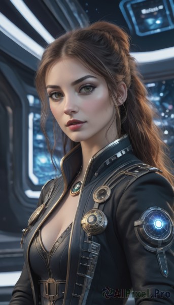 A female surrounded by a captivating dynamic scene