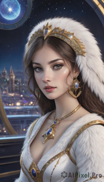 1girl,solo,long hair,breasts,looking at viewer,brown hair,dress,cleavage,brown eyes,jewelry,medium breasts,collarbone,upper body,earrings,parted lips,sky,necklace,white dress,lips,grey eyes,fur trim,window,night,moon,tiara,crown,gem,star (sky),night sky,pendant,starry sky,freckles,realistic,nose,headdress,cityscape,planet,bangs,eyelashes