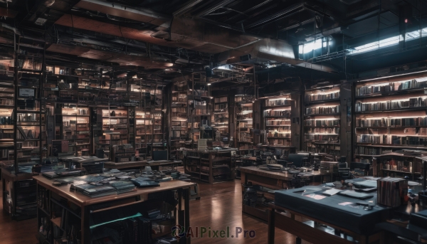 indoors,book,no humans,window,chair,table,sunlight,scenery,desk,light rays,wooden floor,bookshelf,lamp,shelf,library,ceiling,ladder,ceiling light,science fiction,cable,computer,monitor