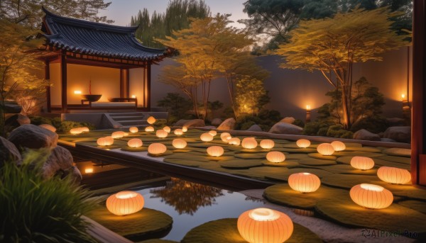 outdoors,sky,water,tree,no humans,night,grass,plant,building,nature,scenery,forest,lantern,rock,stairs,candle,bush,torii,architecture,bridge,east asian architecture,river,paper lantern,shrine,path,stone,pond,stone lantern,cloud,night sky,reflection,sunset,mountain,lamp,house,evening,lily pad,reflective water