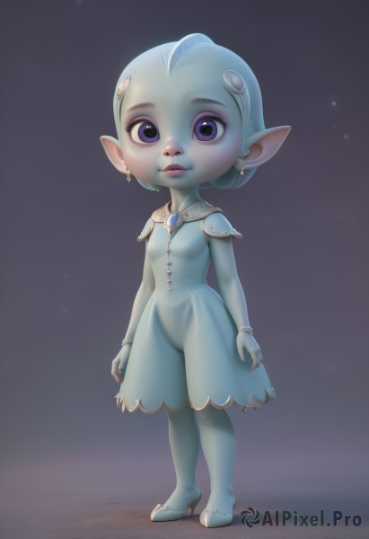 1girl,solo,breasts,looking at viewer,short hair,blue eyes,hair ornament,dress,jewelry,blue hair,standing,purple eyes,full body,earrings,small breasts,pointy ears,bracelet,lips,see-through,makeup,blue dress,colored skin,blue skin,fewer digits,yordle,eyelashes,aged down,child,nose,fish girl,zora