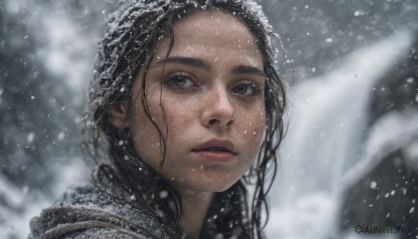 A female captured in a tranquil snowy outdoors