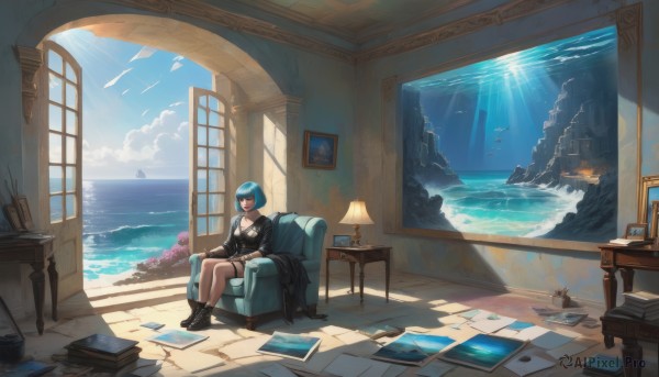 1girl,solo,breasts,looking at viewer,short hair,bangs,blue eyes,long sleeves,dress,cleavage,medium breasts,sitting,closed mouth,blue hair,jacket,multicolored hair,boots,open clothes,sky,shorts,choker,day,cloud,indoors,hood,water,black footwear,black dress,cup,blue sky,coat,black jacket,book,window,shadow,bird,ocean,black choker,chair,black shorts,table,sunlight,bob cut,scenery,desk,black coat,light rays,paper,open book,horizon,lamp,photo (object),wide shot,book stack,picture frame,armchair,painting (object),picture (object),holding,jewelry,flower,puffy sleeves,necklace,aqua hair,thigh strap,beach,crossed legs,couch,pink flower,bookshelf,ankle boots,candle,paintbrush,waves,palette (object),portrait (object)