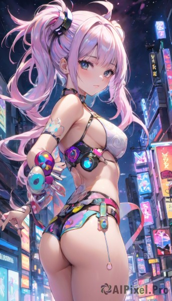 1girl,solo,long hair,breasts,looking at viewer,blush,bangs,blue eyes,large breasts,hair ornament,bare shoulders,twintails,medium breasts,closed mouth,standing,swimsuit,pink hair,ass,ahoge,sidelocks,bikini,thighs,cowboy shot,outdoors,sky,choker,looking back,from behind,sideboob,night,back,building,star (sky),night sky,jewelry,multicolored hair,earrings,shorts,streaked hair,short shorts,black choker,hair intakes,ring,city,android,cityscape,micro shorts,twisted torso,cyberpunk,mechanical parts,neon lights,underbutt