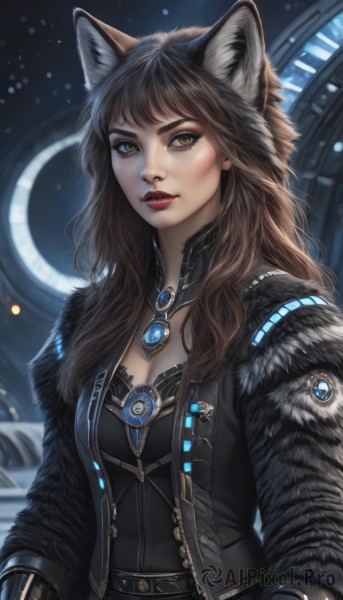 1girl,solo,long hair,breasts,looking at viewer,bangs,brown hair,gloves,long sleeves,animal ears,cleavage,brown eyes,jewelry,medium breasts,jacket,yellow eyes,upper body,parted lips,open clothes,belt,artist name,cat ears,necklace,blurry,lips,coat,fur trim,fox ears,makeup,blurry background,wavy hair,lipstick,brooch,gem,nose,red lips,black hair,eyelashes,wolf ears,pendant,fur