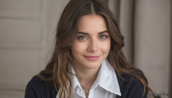 1girl,solo,long hair,looking at viewer,smile,brown hair,shirt,brown eyes,jewelry,closed mouth,jacket,white shirt,collared shirt,indoors,necklace,blurry,lips,blurry background,portrait,forehead,freckles,realistic,bangs,upper body,parted bangs,nose