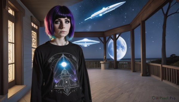 1girl,solo,looking at viewer,short hair,bangs,blue eyes,shirt,black hair,long sleeves,upper body,pink hair,purple hair,multicolored hair,sky,indoors,blunt bangs,star (symbol),black eyes,two-tone hair,sweater,tree,lips,black shirt,window,night,moon,bob cut,star (sky),night sky,full moon,starry sky,science fiction,wooden floor,realistic,nose,railing,space,planet,spacecraft,closed mouth,outdoors,streaked hair,head tilt,makeup,watermark,t-shirt,building,arms at sides,print shirt