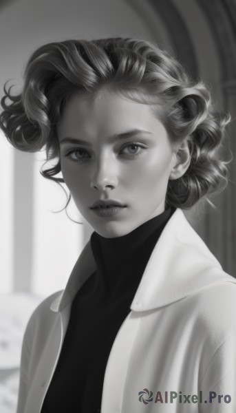 1girl,solo,looking at viewer,short hair,shirt,closed mouth,jacket,monochrome,upper body,greyscale,parted lips,open clothes,artist name,indoors,blurry,sweater,lips,eyelashes,blurry background,turtleneck,watermark,curly hair,realistic,nose,coat,portrait,turtleneck sweater