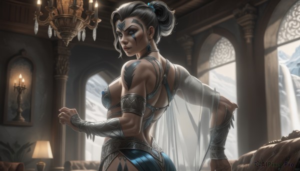 1girl,solo,long hair,breasts,looking at viewer,blue eyes,black hair,hair ornament,bare shoulders,jewelry,medium breasts,closed mouth,ponytail,ass,earrings,looking back,indoors,dark skin,hair bun,from behind,armor,dark-skinned female,lips,see-through,sideboob,tattoo,makeup,muscular,back,single hair bun,armlet,mirror,muscular female,vambraces,lamp,candle,bracer,bikini armor,forehead jewel,candlestand,short hair,large breasts,swimsuit,grey hair,bikini,window,facial mark,backlighting,nose,facepaint,facial tattoo,hair pulled back