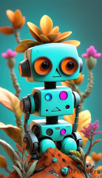 solo,looking at viewer,sitting,full body,flower,outdoors,day,blurry,pokemon (creature),no humans,blurry background,plant,robot,mecha,:<,rock,non-humanoid robot,standing,pink flower,triangle mouth,straight-on,humanoid robot