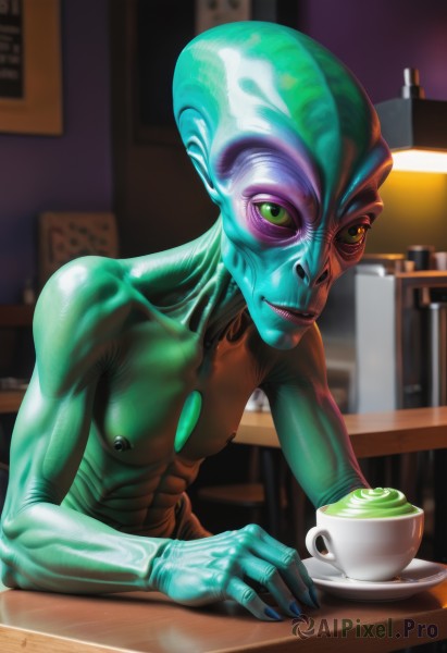 1girl,solo,breasts,looking at viewer,smile,jewelry,nipples,green eyes,upper body,male focus,small breasts,indoors,nail polish,cup,bodysuit,makeup,colored skin,table,skin tight,teacup,realistic,blue skin,bald,green skin,tea,latex,saucer,coffee,alien,what,nude,lips,fingernails,abs,nose,slime (substance),bodypaint