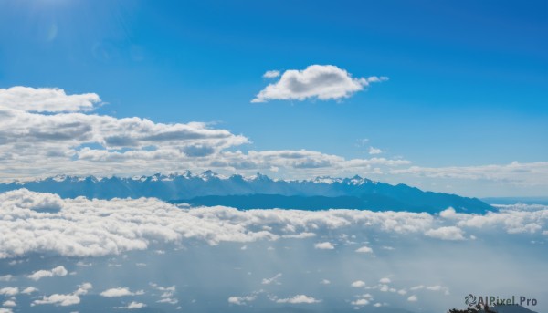 monochrome,outdoors,sky,day,artist name,cloud,signature,dated,blue sky,no humans,cloudy sky,scenery,blue theme,mountain,sun,landscape,mountainous horizon,above clouds,sunlight,nature