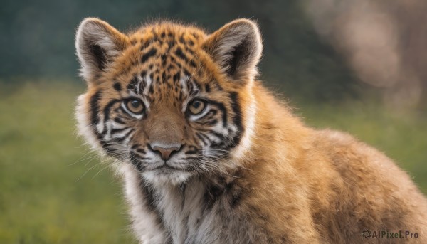 solo,looking at viewer,brown eyes,closed mouth,outdoors,blurry,no humans,depth of field,blurry background,animal,cat,realistic,animal focus,whiskers,tiger,portrait