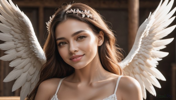 1girl,solo,long hair,looking at viewer,smile,brown hair,hair ornament,bare shoulders,brown eyes,collarbone,upper body,flower,parted lips,wings,indoors,hair flower,white dress,blurry,lips,depth of field,blurry background,portrait,feathered wings,forehead,angel wings,realistic,nose,white wings,angel,head wreath,dress,teeth,sunlight