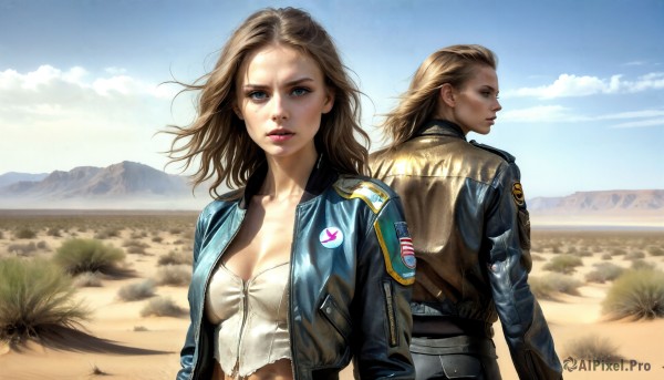 HQ,1girl,long hair,breasts,looking at viewer,blue eyes,blonde hair,brown hair,1boy,cleavage,medium breasts,jacket,outdoors,open clothes,sky,day,midriff,looking back,cloud,signature,dated,open jacket,blue sky,lips,siblings,denim,mountain,realistic,brother and sister,back-to-back,leather,badge,leather jacket,desert,denim jacket,multiple girls,2girls,grass,wind,emblem,bomber jacket