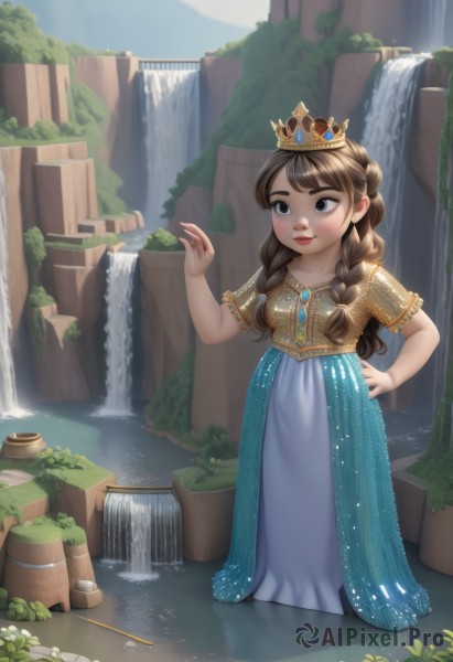 1girl,solo,long hair,blush,smile,bangs,skirt,brown hair,shirt,dress,brown eyes,jewelry,closed mouth,standing,braid,short sleeves,outdoors,sky,day,hand up,water,necklace,black eyes,twin braids,blue skirt,hand on hip,blue dress,crown,plant,gem,hair over shoulder,wading,long skirt,potted plant,waterfall,flower pot,breasts,blue eyes,full body,flower,artist name,lips,watermark,tiara,aged down,child,freckles,long dress,red lips,female child,mini crown,princess,fine art parody