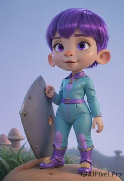 1girl,solo,smile,short hair,open mouth,standing,purple eyes,full body,purple hair,boots,outdoors,parted lips,sky,teeth,belt,artist name,bodysuit,grass,clenched hand,freckles,shield,purple footwear,mushroom,jumpsuit,buck teeth,looking at viewer,bangs,long sleeves,hand up,blurry,lips,eyelashes,blurry background,upper teeth only,thick eyebrows