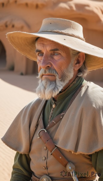 solo,looking at viewer,blue eyes,shirt,long sleeves,1boy,hat,closed mouth,upper body,weapon,white hair,grey hair,male focus,outdoors,belt,blurry,blurry background,facial hair,sheath,beard,realistic,green shirt,mustache,old,old man,blonde hair,day,signature,lips,capelet,buttons,white headwear,buckle,nose,brown headwear,brown belt,manly,tunic