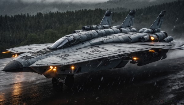 outdoors,sky,cloud,signature,tree,military,no humans,cloudy sky,nature,forest,flying,science fiction,rain,realistic,aircraft,military vehicle,airplane,watercraft,vehicle focus,spacecraft,lights,jet,fighter jet,water