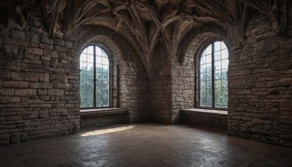 sky,day,cloud,indoors,tree,no humans,window,sunlight,scenery,wall,ruins,brick wall,pillar,arch,blue sky,plant,fantasy,tiles,tile floor,stone wall,brick,brick floor