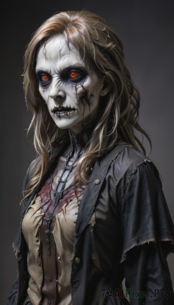 1girl,solo,long hair,breasts,looking at viewer,blonde hair,simple background,brown hair,shirt,red eyes,jewelry,jacket,upper body,open clothes,teeth,necklace,black jacket,torn clothes,blood,colored skin,scar,cross,pale skin,colored sclera,veins,black sclera,stitches,grey skin,horror (theme),cracked skin,open jacket,fangs,vampire,cross necklace,gothic,inverted cross