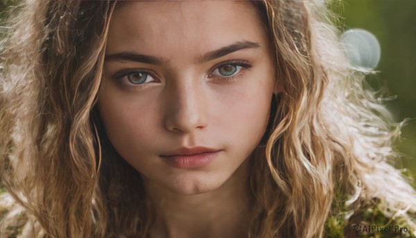 1girl,solo,long hair,looking at viewer,blue eyes,blonde hair,brown hair,closed mouth,lips,grey eyes,eyelashes,wavy hair,portrait,close-up,freckles,curly hair,realistic,nose,blurry,grass